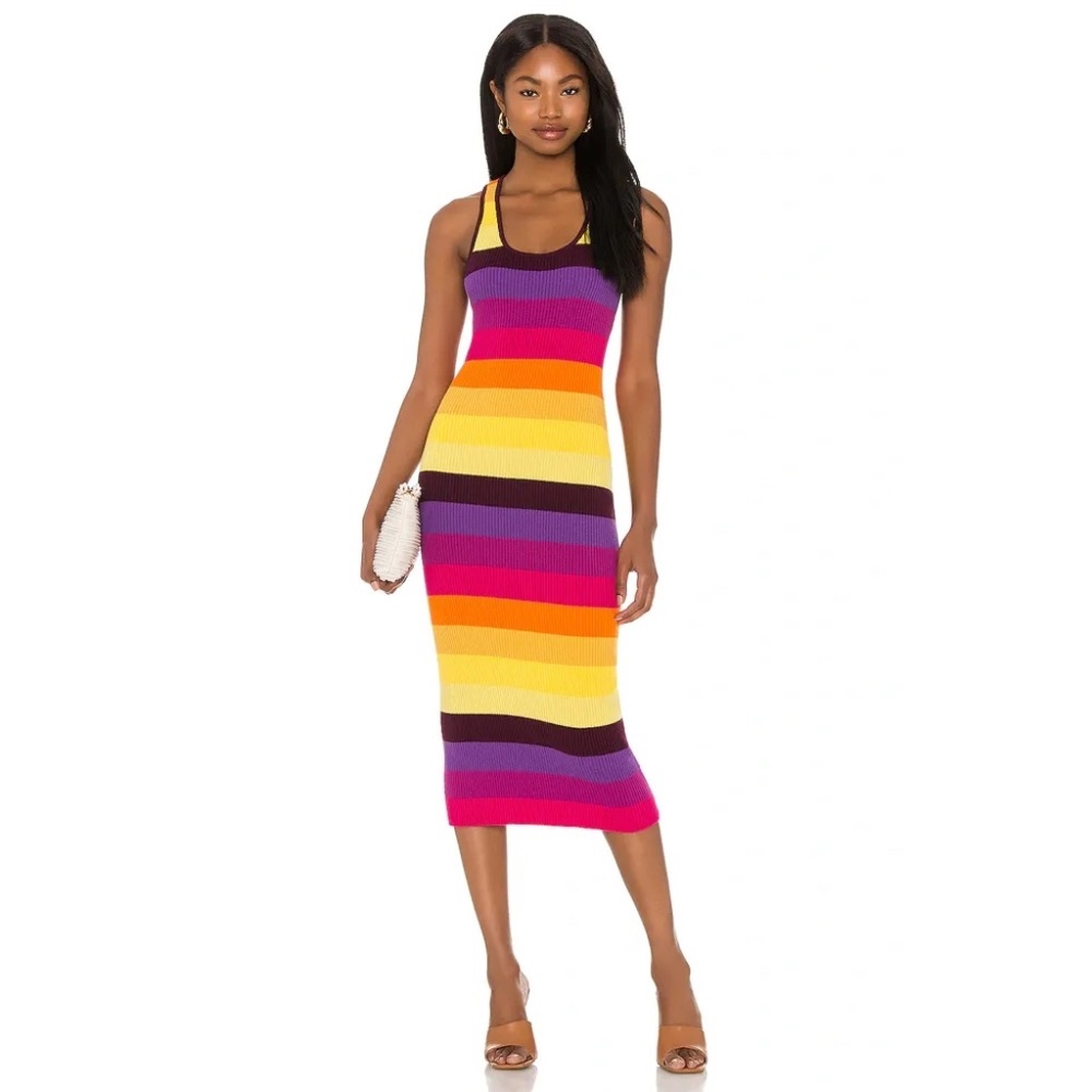 Sleeveless Multicolor Stripe Midi Dress - Pink/Yellow/Orange